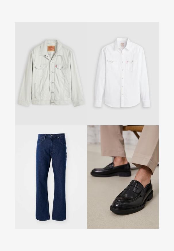 Lichtgrijs denimjack met knopen, kraag, klepzakken aan de voorkant, zijzakken en Levi's-logo op het borstzakje.; Witte, lange mouwen, overhemd met knopen, puntige kraag, twee borstzakken met kleppen, en drukknoopsluiting aan de voorkant en manchetten.; Donkerblauwe rechte denim jeans met knoop- en ritsluiting, riemlussen en voorzakken tegen een effen achtergrond.; Zwarte leren loafers met een gladde afwerking, voorzien van een decoratieve band en contrasterende stiksels, gecombineerd met beige broeken.