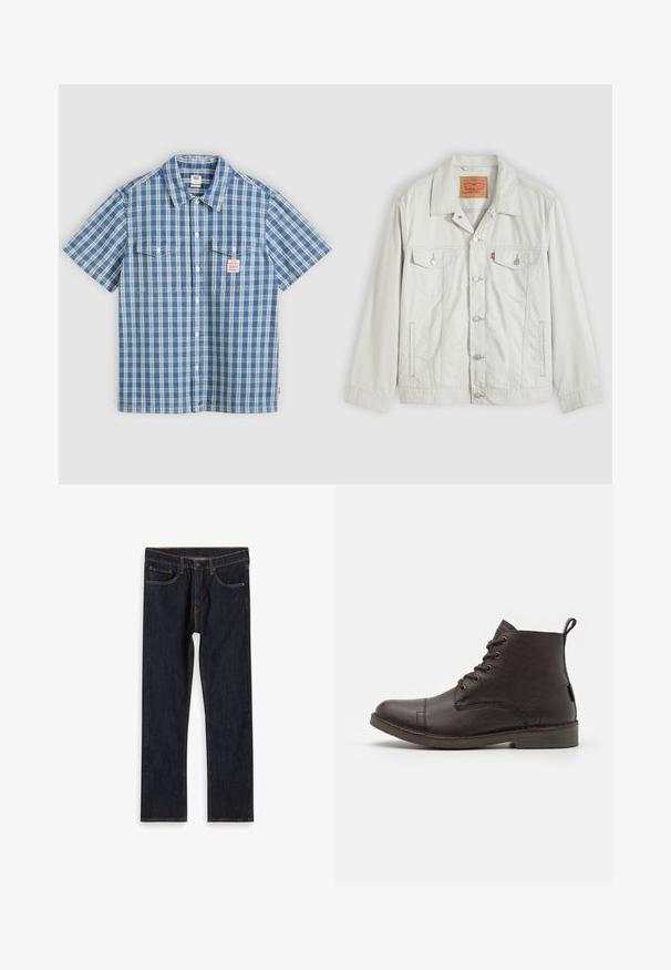 Veste en denim gris clair à boutons, avec col, poches à rabat sur le devant, poches latérales, et étiquette du logo Levi's sur la poche de poitrine.; Chemise à manches courtes bleu et blanc à boutons avec motif à carreaux, deux poches poitrine et une petite étiquette de marque rouge et blanche sur la poche gauche.; Jean droit en denim bleu foncé avec poches avant, passants de ceinture et coutures orange contrastées, posé à plat sur un fond blanc.; Bottines en cuir marron avec une texture lisse, bout rond, six œillets métalliques et une tirette à l'arrière. Semelle en caoutchouc plate.