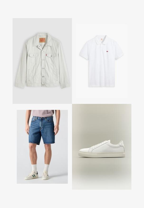 Lysegrå knap-op denimjakke med krave, forlommer med klap, sidelommer og Levi's logo-tag på brystlommen.; Hvid polo t-shirt lavet af bomuld. Har en tre-knaps stolpe, korte ærmer og et lille rødt Levi's-logo på venstre bryst.; Mand iført blå denimshorts i midterlængde, hvide sokker og hvide sneakers med mørkegrønne striber på en lys baggrund.; Hvid lavtop sneaker med snørebånd foran og tyk sål, vist fra siden mod en neutral baggrund.