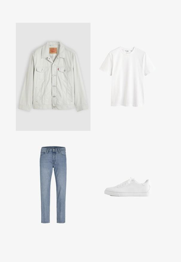 Lysegrå knap-op denimjakke med krave, forlommer med klap, sidelommer og Levi's logo-tag på brystlommen.; Hvid kortærmet t-shirt med rund halsudskæring og en lille mærkeetiket indeni kraven.; Lysblå denimbukser med lige ben, fem lomme-design, syninger og knaplukning i taljen.; Hvid lavtop sneakers med snørebånd, glat læderoverdel og flad gummiå sole set fra siden på en hvid baggrund.