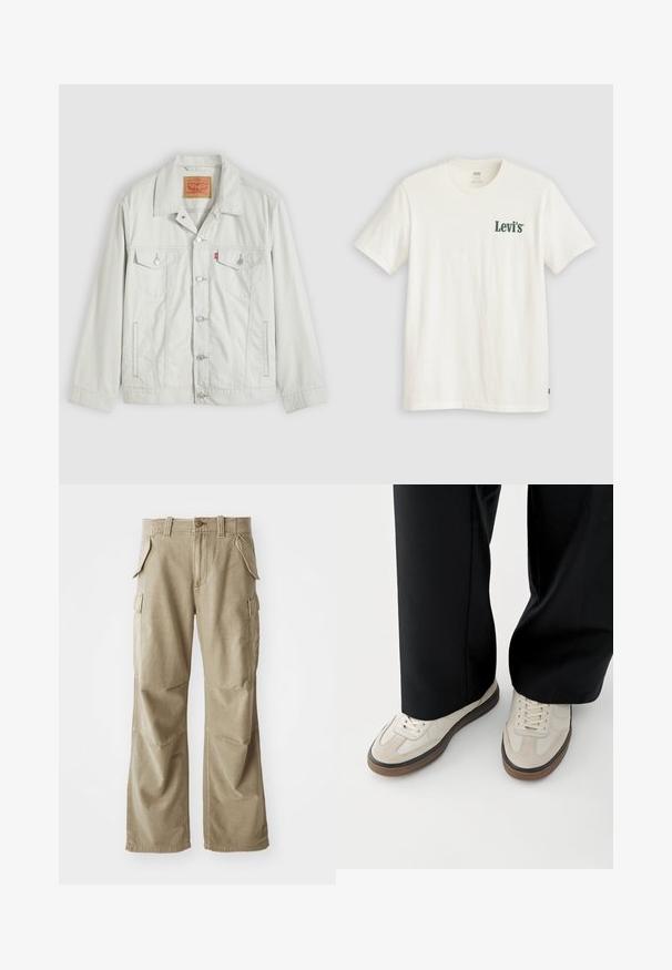 Lysegrå knap-op denimjakke med krave, forlommer med klap, sidelommer og Levi's logo-tag på brystlommen.; Hvid T-shirt med korte ærmer og grønt "Levi's"-logo på venstre bryst samt en lille rød Levi's-mærkat nederst på højre side.; Beige cargo bukser lavet af slidstærkt stof, med en afslappet pasform, flere sidelommer og forstærkede knæ. Flad frontdesign.; Fødder iført beige sneakers med brune såler og sorte bukser med vide ben på hvid baggrund.