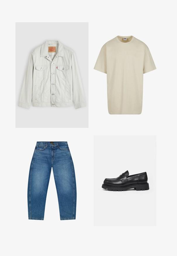 Chaqueta vaquera de mezclilla gris claro con botones, cuello, bolsillos delanteros con solapa, bolsillos laterales y etiqueta del logo de Levi's en el bolsillo del pecho.; Camiseta de algodón de color beige claro, con mangas cortas, cuello redondo y un corte holgado. La tela parece suave, sin patrones ni detalles visibles.; Vaqueros azules de talle alto y pierna ancha con bolsillos delanteros, trabillas para cinturón, cierre de botón y una etiqueta de la marca Lee en la cintura.; Mocasín negro de cuero con suela gruesa y acanalada y detalle de tira para moneda, mostrado en perfil lateral derecho sobre fondo blanco.