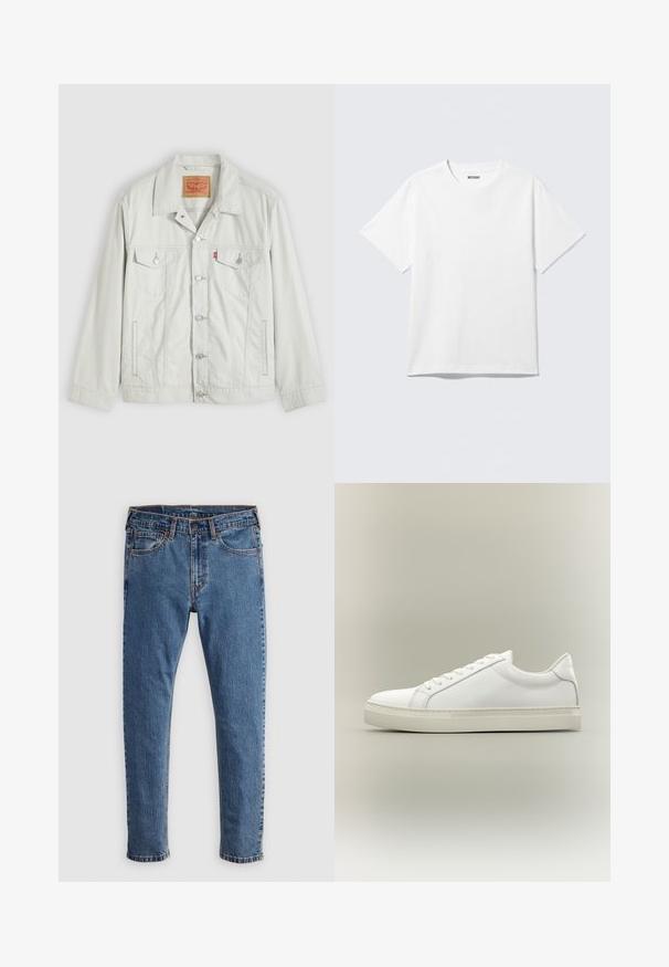 Lysegrå knap-op denimjakke med krave, forlommer med klap, sidelommer og Levi's logo-tag på brystlommen.; Hvid kortærmet crewneck T-shirt lagt fladt ud, ensfarvet design, med "WEEKDAY" mærkat inde i kraven på en lys baggrund.; Blå denim jeans med lige skæring, fem lommer, orange syninger og en klassisk knap- og lynlåslukning. Slidt tekstur langs benene.; Hvid lavtop sneaker med snørebånd foran og tyk sål, vist fra siden mod en neutral baggrund.