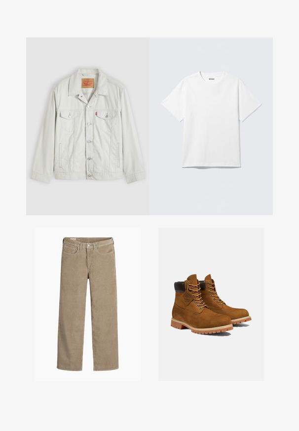 Lichtgrijs denimjack met knopen, kraag, klepzakken aan de voorkant, zijzakken en Levi's-logo op het borstzakje.; Witte T-shirt met korte mouwen en ronde hals, plat gelegd, effen ontwerp, met een "WEEKDAY" label in de kraag op een lichte achtergrond.; Lichtbruine corduroy broek in een wijd model, met een knoop- en ritssluiting, vijf zakken en een zachte, ribbeltextuur.; Bruine suède enkellaarsjes met een gevoerde zwarte kraag, gouden oogjes en een dikke rubberen zool met een profielpatroon voor grip.