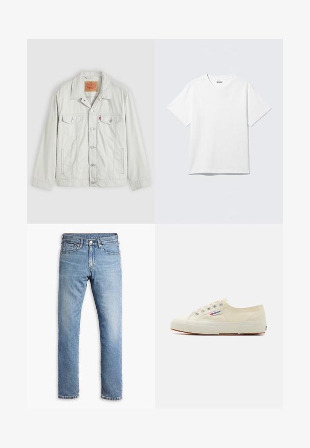 Lysegrå knap-op denimjakke med krave, forlommer med klap, sidelommer og Levi's logo-tag på brystlommen.; Hvid kortærmet crewneck T-shirt lagt fladt ud, ensfarvet design, med "WEEKDAY" mærkat inde i kraven på en lys baggrund.; Lyseblå denim jeans med straight-leg design, fem lommer, kontrasterende syninger og en knap- og lynlåslukning i taljen.; Beige lærredssneaker med et lavprofildesign, metaløjet og gummisål. Har et tekstureret mønster og logodetalje på siden.