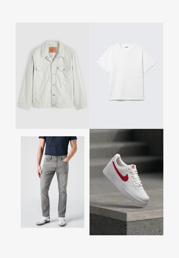 Lysegrå knap-op denimjakke med krave, forlommer med klap, sidelommer og Levi's logo-tag på brystlommen.; Hvid kortærmet crewneck T-shirt lagt fladt ud, ensfarvet design, med "WEEKDAY" mærkat inde i kraven på en lys baggrund.; Mand iført grå slim-fit jeans, hvide sneakers med sorte striber og en mørkeblå kortærmet skjorte, står med den ene hånd i lommen.; Hvid Nike Air Force 1 sneaker med rødt swoosh-logo svæver over en betonafdækning og trapper i baggrunden.
