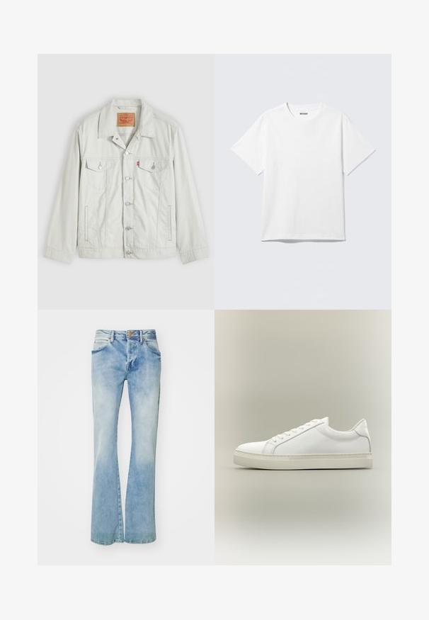 Veste en denim gris clair à boutons, avec col, poches à rabat sur le devant, poches latérales, et étiquette du logo Levi's sur la poche de poitrine.; T-shirt blanc à manches courtes et col rond, étalé à plat, design uni, avec l'étiquette "WEEKDAY" à l'intérieur du col sur un fond clair.; Jean flare bleu clair en denim, présentant un délavage, des poches avant, des passants de ceinture et une fermeture à bouton en cuivre.; Baskets blanches basses à lacets sur l’avant et semelle épaisse, vues de côté sur un fond neutre.