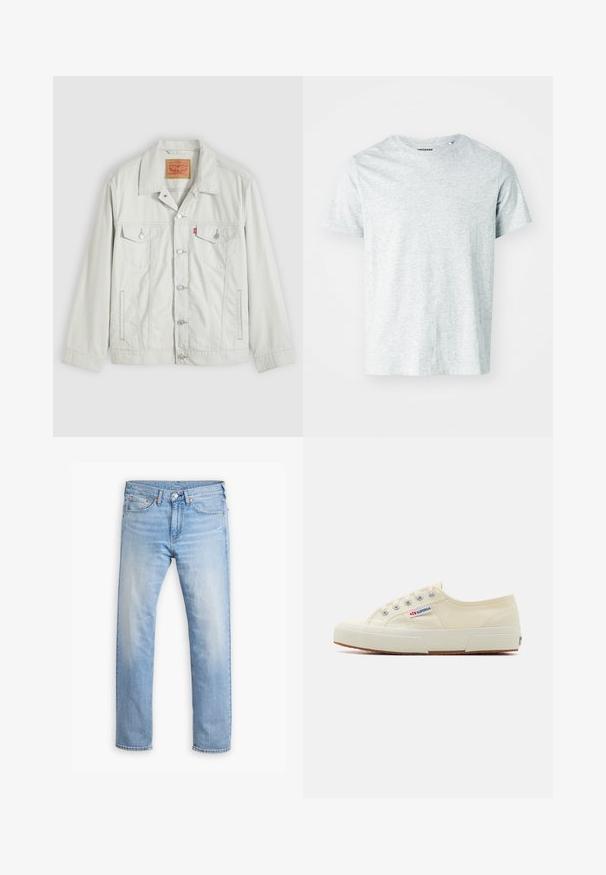 Light gray button-up denim jacket with collar, front flap pockets, side pockets, and Levi's logo tag on chest pocket.; Light gray, short-sleeve t-shirt made of soft fabric, featuring a crew neck and a slightly relaxed fit. No visible patterns or graphics.; Light blue denim jeans with a straight cut, five pockets, and a button fly. Features subtle fading and orange stitching accents.; Beige canvas sneaker with a low-profile design, metal eyelets, and rubber sole. Features a textured pattern and logo detail on the side.