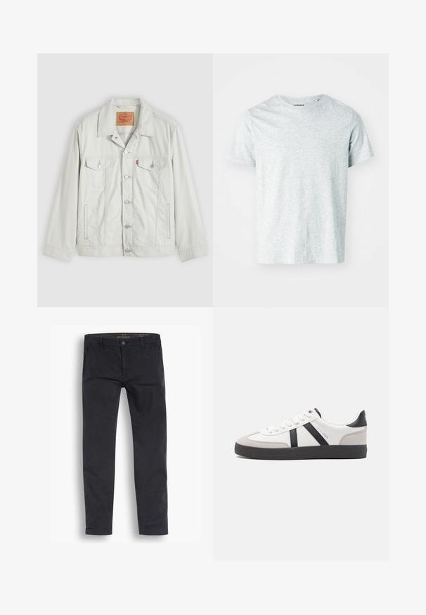 Chaqueta vaquera de mezclilla gris claro con botones, cuello, bolsillos delanteros con solapa, bolsillos laterales y etiqueta del logo de Levi's en el bolsillo del pecho.; Camiseta de manga corta gris claro, confeccionada en una tela suave, con cuello redondo y un corte ligeramente relajado. Sin patrones ni gráficos visibles.; Pantalones chinos negros de algodón. Presentan un diseño de pernera estándar, bolsillos frontales y un cierre de botón con una textura suave.; Zapatilla blanca con acentos en negro y gris, que presenta una puntera texturizada en gris, suela de goma negra y cordones planos blancos. Diseño limpio, estilo minimalista.
