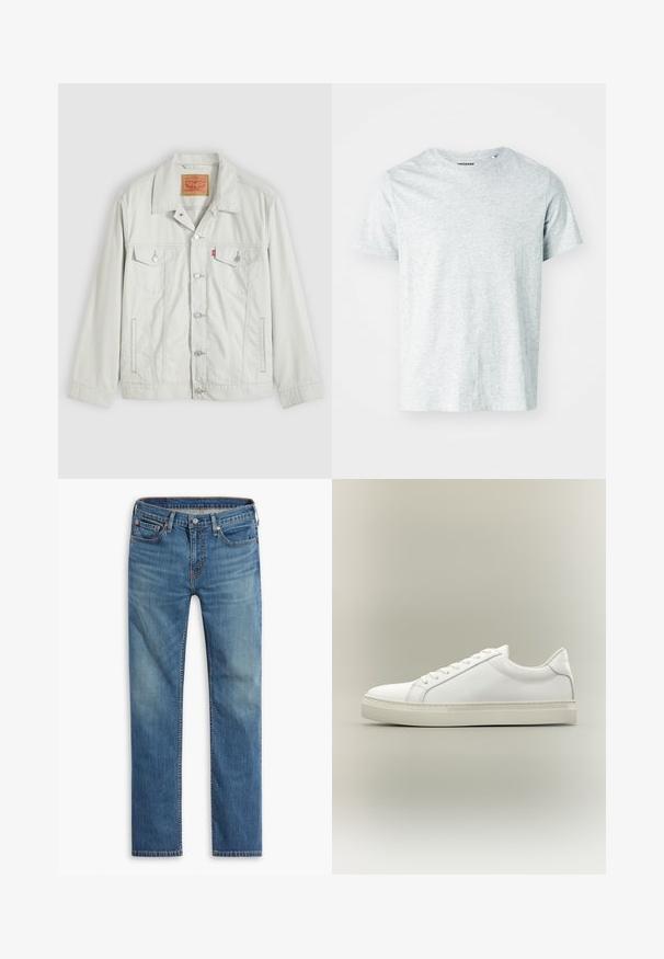 Lysegrå knap-op denimjakke med krave, forlommer med klap, sidelommer og Levi's logo-tag på brystlommen.; Lys grå, kortærmet t-shirt lavet af blødt stof, med en rund hals og en let afslappet pasform. Ingen synlige mønstre eller grafik.; Blå straight-leg denim jeans med frontknap og lynlåslukning, fem-lomme design og subtilt falmede områder på lår og knæ.; Hvid lavtop sneaker med snørebånd foran og tyk sål, vist fra siden mod en neutral baggrund.