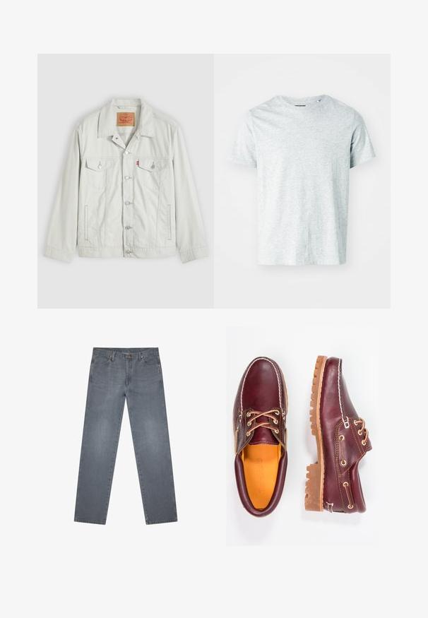 Veste en denim gris clair à boutons, avec col, poches à rabat sur le devant, poches latérales, et étiquette du logo Levi's sur la poche de poitrine.; T-shirt gris clair à manches courtes en tissu doux, avec un col rond et une coupe légèrement décontractée. Aucun motif ou graphique visible.; Jean denim gris à jambe droite avec poches avant, passants pour ceinture et fermeture par bouton.; Chaussures en cuir bourgogne avec semelles en caoutchouc marron, bout rond, couture blanche et œillets dorés. L'intérieur présente une doublure jaune.