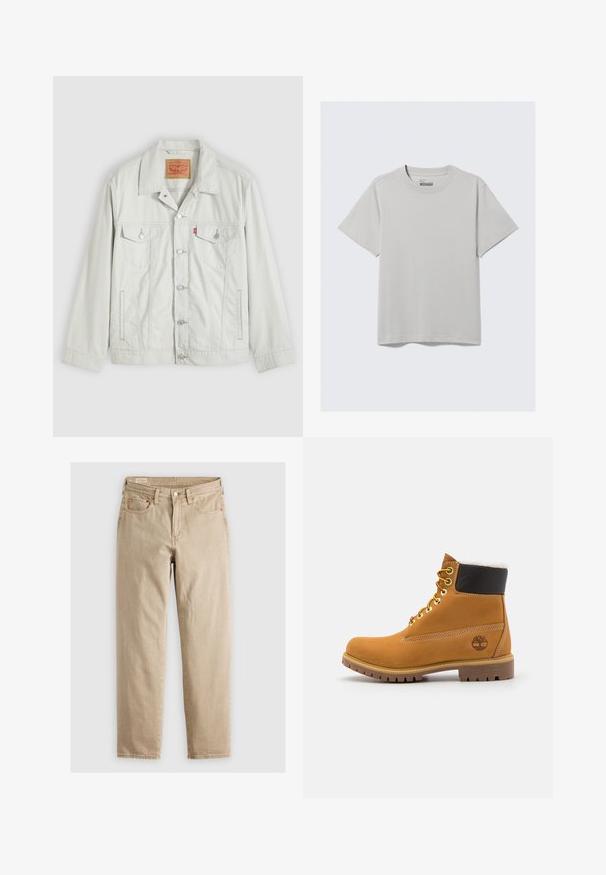Helehall nuppudega teksajope kraega, esitelgedega taskud, küljetaskud ja Levi'si logo sild rinnataskul.; Helehallist puuvillane T-särk ümarate kaelustega ja lühikeste varrukatega, minimalistliku disaini ja lõdva istuvusega. Ilma mustrite ja aktsentideta.; Beige denim teksad, otse lõikega, viie taskuga, eesnupu sulgemisega ja diskreetsete õmbluse detailidega. Sile tekstuur, lõdva kujundusega.; Pruun nahast pahkluu saabas metallist silmadega, valge karvane vooder, must pehmendatud krae, robustne tallal ja küljes reljeefne logo.