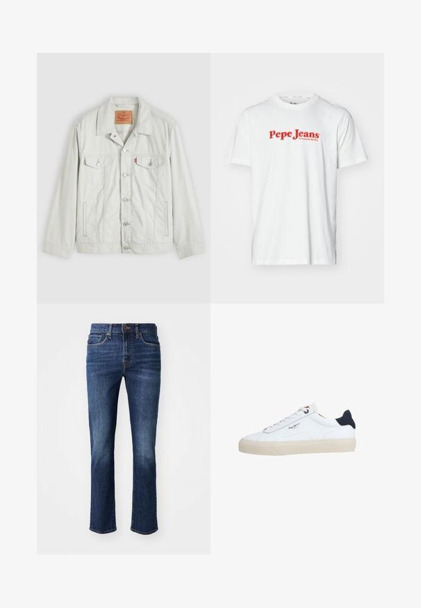 Svetlosivá rifľová bunda na gombíky s golierom, prednými vreckami so záklopkou, bočnými vreckami a štítkom s logom Levi's na náprsnom vrecku.; Biela bavlnená tričko s červeným textom loga "Pepe Jeans". Krátke rukávy a okrúhly výstrih, so štandardným strihom a bez viditeľných vzorov.; Tmavomodré džínsy so rovnou nohou. Funkcie zahŕňajú zips, predné vrecká a jemné vyblednutie na stehnách. Vyrobené z denimovej tkaniny.; Biela nízka športová obuv s béžovou podrážkou, bielymi šnúrkami, čiernou pätovou záložkou a logom "Pepe Jeans London" na boku.