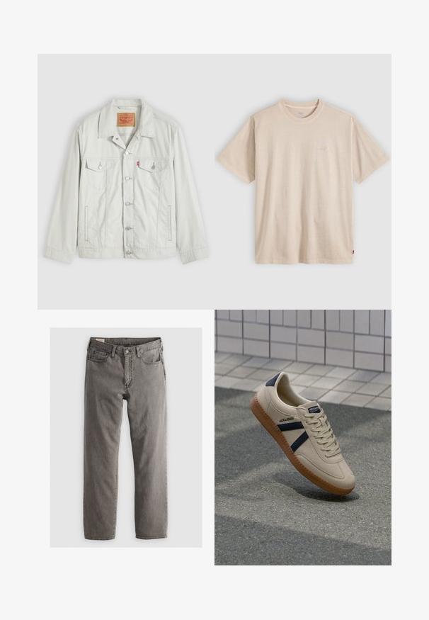 Lysegrå knap-op denimjakke med krave, forlommer med klap, sidelommer og Levi's logo-tag på brystlommen.; Beige T-shirt med korte ærmer og rund hals, med subtilt Levi’s-logo på brystet og lille rødt mærke på sidesømmen.; Grå denimjeans med lige pasform, fem-lomme-design og knaplukning; ingen synlige mønstre eller accenter; let bleget finish.; Beige sneaker med struktureret overflade, marineblå striber og gummisål. Har en polstret tunge og traditionelt snørresystem for en sikker pasform.