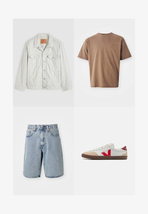 Light gray button-up denim jacket with collar, front flap pockets, side pockets, and Levi's logo tag on chest pocket.; Brown cotton t-shirt with a crew neck, short sleeves, and a discreet embroidered logo on the left chest area. Smooth texture, relaxed fit.; Light blue denim shorts with a high waist, straight cut, frayed hem, five pockets, and button closure. Distressed texture visible.; White leather sneaker with red V logo, beige suede toe cap, and brown rubber sole. Features classic lace-up design and padded collar.