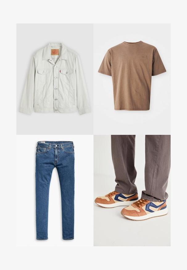 Lichtgrijs denimjack met knopen, kraag, klepzakken aan de voorkant, zijzakken en Levi's-logo op het borstzakje.; Bruine katoenen t-shirt met ronde hals, korte mouwen en een discreet geborduurd logo op de linkerborst. Soepele structuur, relaxte pasvorm.; Blauwe slim-fit denim jeans met vijf zakken, een knoop aan de voorkant en riemlussen, plat weergegeven op een witte achtergrond.; Sneakers met een mix van tan suede en crèmekleurig synthetisch materiaal, met een blauwe accent en een getextureerde zool; bruine veters; gedragen met grijs gestreepte broek.