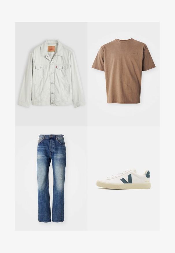 Svetlosivá rifľová bunda na gombíky s golierom, prednými vreckami so záklopkou, bočnými vreckami a štítkom s logom Levi's na náprsnom vrecku.; Hnedé bavlnené tričko s okrúhlym výstrihom, krátkymi rukávmi a diskrétnym vyšitým logom na ľavej strane hrudníka. Hladká textúra, voľný strih.; Modré džínsy so strihom rovného noha, s miernym blednutím a jemným umývaním vpredu. Štandardný päťvreckový štýl.; Biele kožené tenisky s logom z tyrkysového semišu, okrúhla špička, šnurovací dizajn a gumová podrážka s textúrovanými detailmi. Názov značky "VEJA" tlačený zlatou farbou.