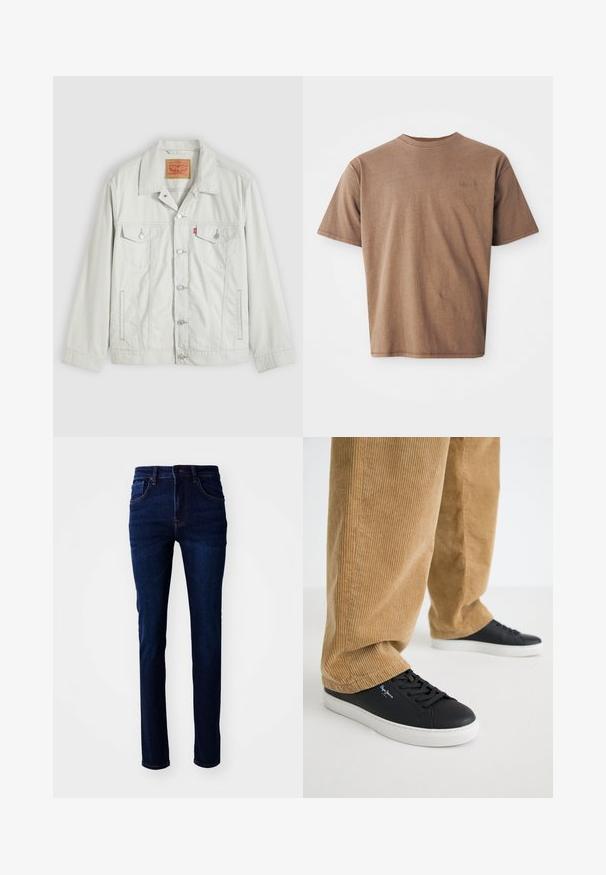 Vaaleanharmaa nappikiinnitteinen farkkutakki, jossa on kaulus, etutaskut läpällä, sivutaskut ja Levi's-logo rintataskussa.; Ruskea puuvillapaita, jossa on pyöreä pääntie, lyhyet hihat ja huomaamaton brodeerattu logo vasemmassa rinnassa. Sileä rakenne, rento istuvuus.; Tumman siniset farkut, joissa on suora leikkaus, viisi taskua ja huomaamaton tikkaus. Kangas on sileä tekstuuri.; Musta nahkakengät valkoisilla kumipohjilla. Yhdistetty vaaleanruskeisiin corduroy-housuihin, joissa on pystyribbaus ja rento istuvuus.
