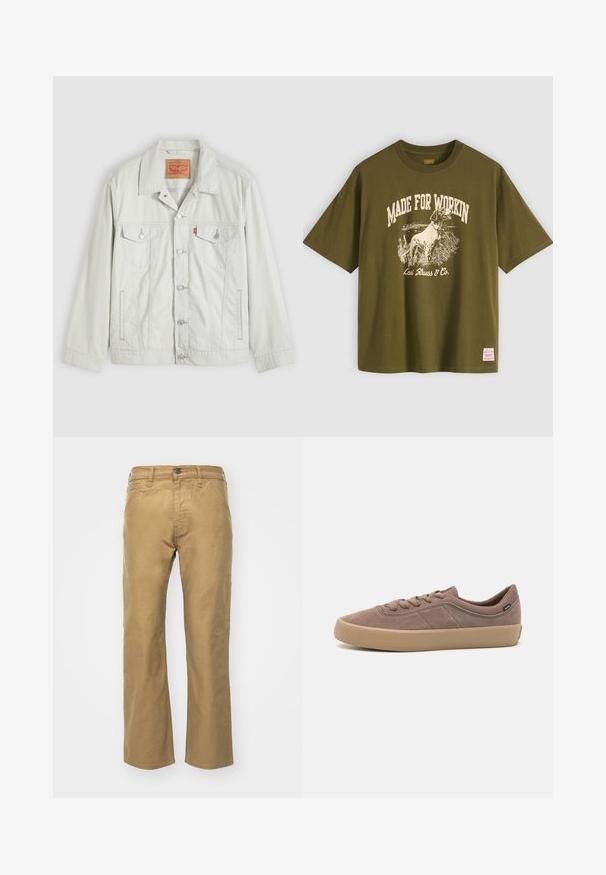 Lichtgrijs denimjack met knopen, kraag, klepzakken aan de voorkant, zijzakken en Levi's-logo op het borstzakje.; Olijfgroene T-shirt met korte mouwen met een gedrukte afbeelding van een hond en de tekst "Made for Workin" en "Levi Strauss & Co." op de voorkant.; Khaki broek van katoen. Rechte pasvorm met een tailleband en voorzakken. Heeft een enkele achterzak en subtiele stikdetails.; Lichtbruine suède sneakers met een rubberen zool, ronde neus, vetersluiting en subtiele zijaccenten voor extra textuur.