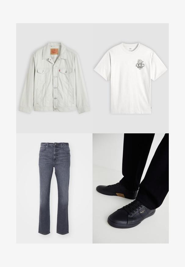 Hellgraue Knopf-Denimjacke mit Kragen, vorderen Klappentaschen, Seitentaschen und Levi's-Logoschild an der Brusttasche.; Weißes T-Shirt mit kurzen Ärmeln mit schwarzer Grafik einer lächelnden Sonne und dem Schriftzug „SUN SEEKER“ auf der oberen linken Brust.; Graue Denim-Jeans mit geradem Bein, Fünf-Taschen-Design, subtiler Ausbleichung, Knopf- und Reißverschluss, sowie einem klassischen Bund.; Schwarze Sneakers aus Leder mit schlankem Design, ausgestattet mit einer strukturierten Oberfläche, runder Schuhspitze und schwarzen Schnürsenkeln. Goldenes Logo-Detail an der Seite.