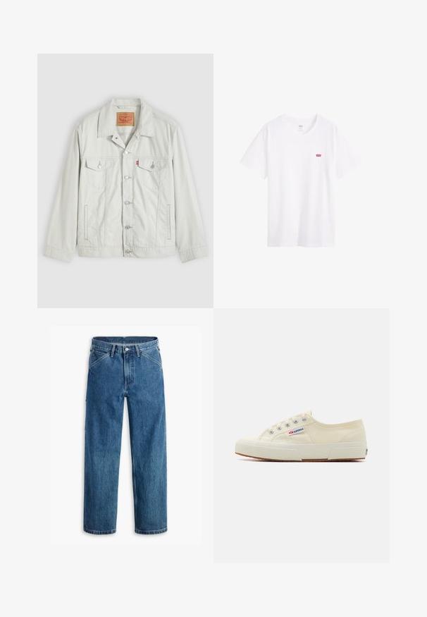 Hellgraue Knopf-Denimjacke mit Kragen, vorderen Klappentaschen, Seitentaschen und Levi's-Logoschild an der Brusttasche.; Weißes Baumwoll-T-Shirt mit Rundhalsausschnitt, kurzen Ärmeln und einem kleinen roten Levi's-Logo auf der linken Brust. Glatte Textur, normale Passform.; Blaue Jeans mit geradem Bein, Vordertaschen, Gürtelschlaufen, Metallknopf und Reißverschluss auf weißem Hintergrund.; Beige Leinen-Sneaker mit niedrigem Profil, Metallösen und Gummisohle. Mit einem strukturierten Muster und einem Logodetail an der Seite.