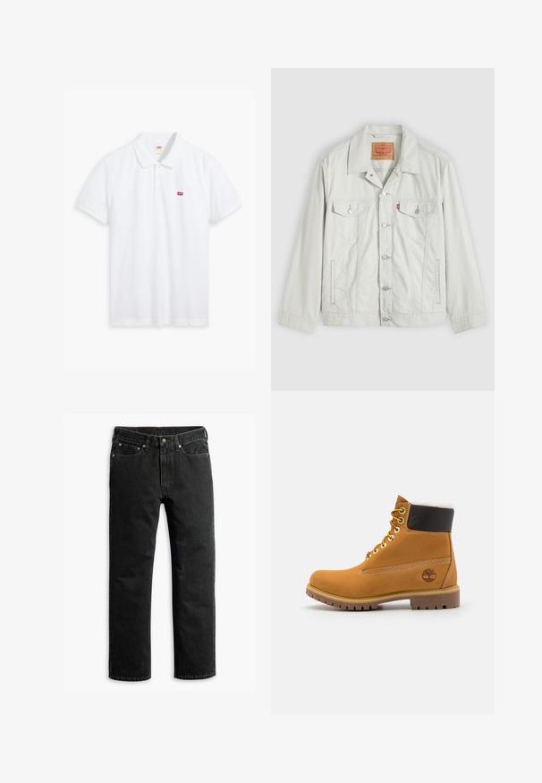 Helehall nuppudega teksajope kraega, esitelgedega taskud, küljetaskud ja Levi'si logo sild rinnataskul.; Valge puuvillane polo särk. Omab kolme nupuga rindel sulgemist, lühikesi varrukaid ja väikest punast Levi's logo vasakul rinnal.; Mustavad sirged teksapüksid viie tasku, vöödega ja nupuga lukuga vöökohal, laialivalguva valge tausta peal.; Pruun nahast pahkluu saabas metallist silmadega, valge karvane vooder, must pehmendatud krae, robustne tallal ja küljes reljeefne logo.