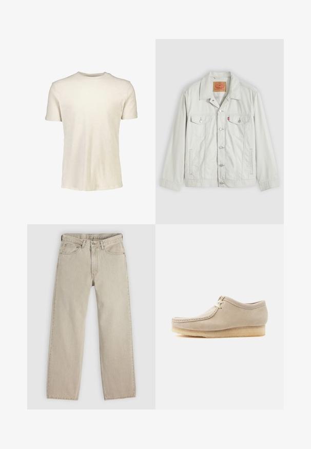 Chaqueta vaquera de mezclilla gris claro con botones, cuello, bolsillos delanteros con solapa, bolsillos laterales y etiqueta del logo de Levi's en el bolsillo del pecho.; Camiseta de manga corta en beige claro, hecha de algodón suave. Presenta un escote redondo y una textura lisa sin patrones ni gráficos.; Vaqueros de mezclilla beige con un ajuste holgado, que cuentan con cinco bolsillos, cierre de botón y cremallera, y costuras visibles a lo largo de las uniones.; Zapato beige de ante con cordones, suela de crepé, costuras estilo mocasín y diseño de tobillo bajo, aislado sobre un fondo claro.