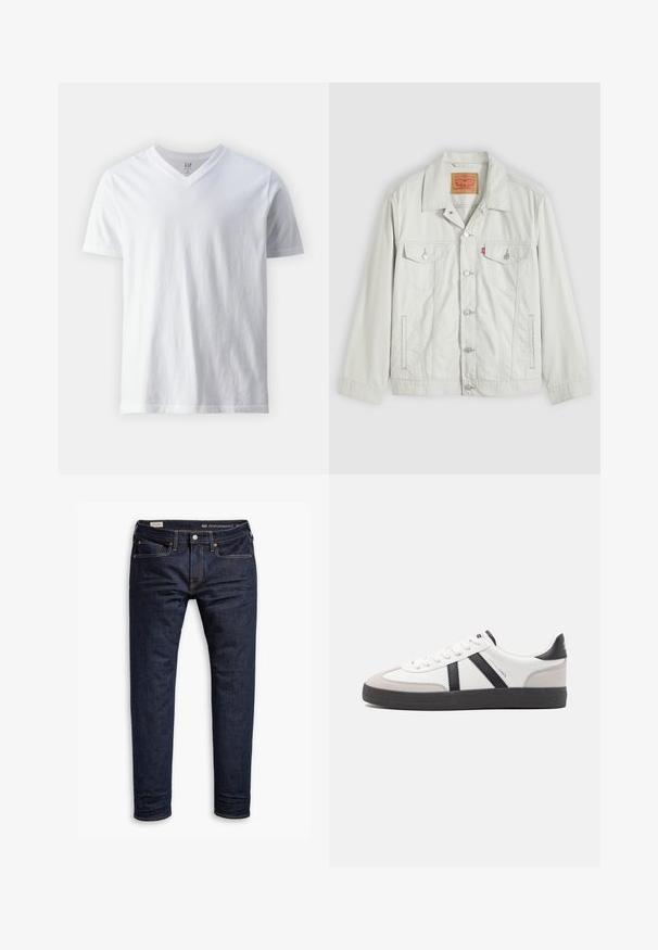 Hellgraue Knopf-Denimjacke mit Kragen, vorderen Klappentaschen, Seitentaschen und Levi's-Logoschild an der Brusttasche.; Kurzärmliges, V-Ausschnitt T-Shirt aus Baumwolle in Weiß. Hat ein einfaches Design mit glatter Textur und lockerer Passform.; Dunkelblaue Denim-Jeans mit schmaler Passform, orangefarbenen Nähten, Fünf-Taschen-Design und Metallbeschlägen. Glatte Textur, keine Muster.; Weiße Sneaker mit schwarz- und grau-aczenten, ausgestattet mit einer strukturierten grauen Zehenkappe, schwarzer Gummi-Sohle und flachen weißen Schnürsenkeln. Sauberes Design, minimalistische Stil.