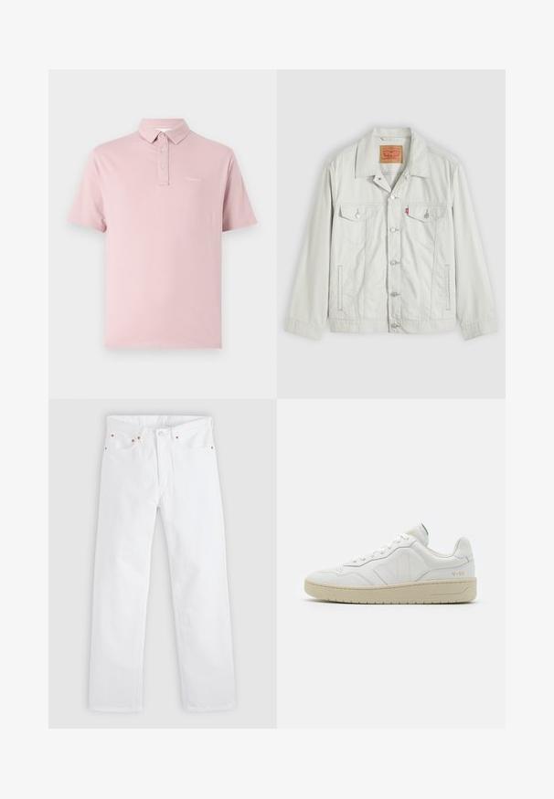 Helehall nuppudega teksajope kraega, esitelgedega taskud, küljetaskud ja Levi'si logo sild rinnataskul.; Pehmeast roosast puuvillast polo särk, millel on krae, kahe nupuga napp ja väike logo vasakul rinnal. Lühikesed varrukad, tavaline lõige.; Valged sirged teksapüksid viie taskuga, nööbi ja tõmblukuga sulgur ning vase pöidlate detailid taskutel.; Valged nahast spordijalatsid tekstuurse viimistlusega ja pehmendatud kaelusega. Omab beeži kummist tallat ja diskreetset brändingut kandade ja külgede peal.