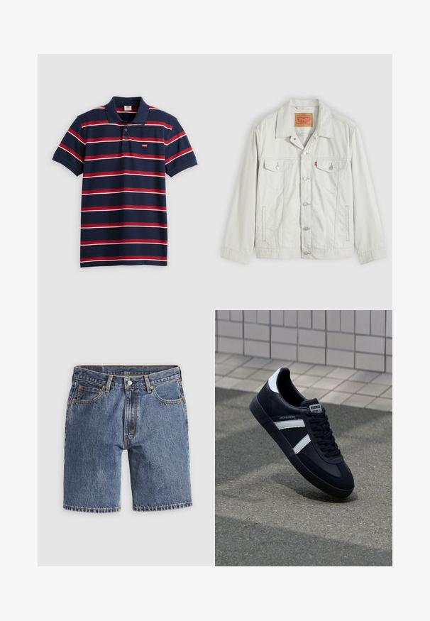 Helehall nuppudega teksajope kraega, esitelgedega taskud, küljetaskud ja Levi'si logo sild rinnataskul.; Tumesinine polo särk, millel on punased ja valged horisontaalsed triibud, kolme nupuga kaelus ja väike Levi'si logo rindadel. Pehme puuvillane materjal.; Sinised teksast põlveni ulatuvad lühikesed püksid esikinniti, tõmbluku, vööaasa ja viie tasku disainiga lihtsal heledal taustal.; Must have musta sneaker musta valgete triipudega, tekstuurne kummitald ja nööridega esiosa. Omab bränditud märki keele peal.