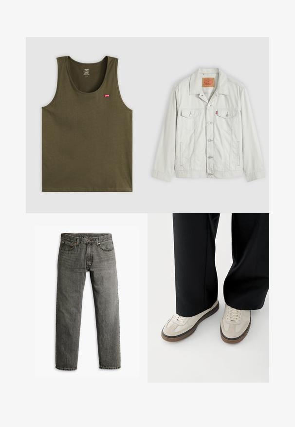 Hellgraue Knopf-Denimjacke mit Kragen, vorderen Klappentaschen, Seitentaschen und Levi's-Logoschild an der Brusttasche.; Olivgrünes Tanktop aus weichem Stoff, mit rundem Halsausschnitt und einem kleinen roten Logo auf der oberen linken Seite. Einfaches Design, ohne Muster oder Akzente.; Graue Jeans aus Denim mit geradem Bein, klassischem Fünf-Taschen-Design und dezenten Nähten an den Säumen und Taschen.; Füße mit beigen Sneakers mit braunen Sohlen und schwarzen Hosen mit weitem Bein auf weißem Hintergrund.