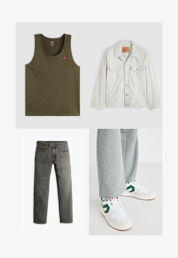 Lichtgrijs denimjack met knopen, kraag, klepzakken aan de voorkant, zijzakken en Levi's-logo op het borstzakje.; Olivengroene tanktop van zachte stof, met een ronde hals en een klein rood logo aan de bovenkant aan de linkerzijde. Eenvoudig ontwerp, zonder patronen of accenten.; Grijze denim jeans met een recht model, klassieke vijf-pocket styling en subtiele stiksels op de naden en zakken.; Witte en groene sneakers van glad leer en suedemateriaal, met een opvallende groene logo-accent en witte veters. Grijze broeken gedeeltelijk zichtbaar.