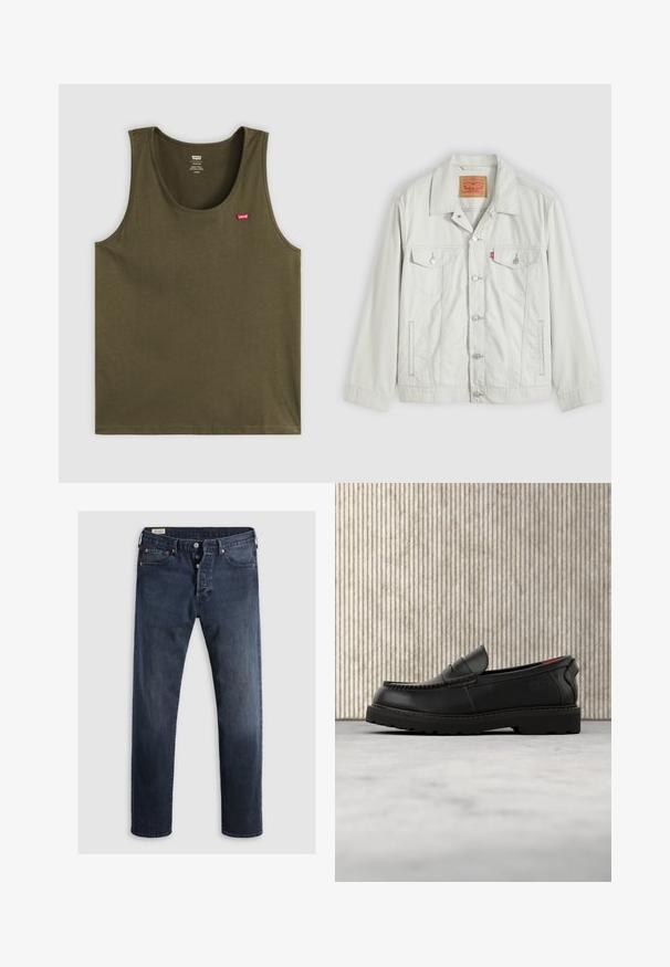 Helehall nuppudega teksajope kraega, esitelgedega taskud, küljetaskud ja Levi'si logo sild rinnataskul.; Oliivroheline tank top pehmest kangast, millel on ümar kaelus ja väike punane logo vasakul ülal. Lihtne disain, ilma mustrite või aktsentideta.; Tumed sinised teksad sirge jala lõikega, mis on varustatud tõmbluku ja metallnuppudega ning vasksete nupuvajutustega. Sile tekstuur, nähtavaid mustreid pole.; Mustast nahast mokassiin, millel on robustne tallaosa ja punane sisemustik, paikneb õhus keset beeži vaipa ja puidust mööbli lähedal.