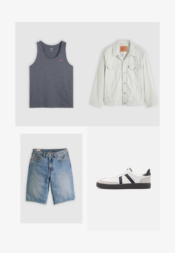 Hellgraue Knopf-Denimjacke mit Kragen, vorderen Klappentaschen, Seitentaschen und Levi's-Logoschild an der Brusttasche.; Graues Baumwoll-Trägershirt mit rundem Ausschnitt, ärmellosem Design und kleinem rotem Levi's-Logo auf der linken Brustseite. Schlichte Textur.; Jeansshorts in Hellblau mit klassischem Schnitt. Verfügt über fünf Taschen, orangene Nähte und ausgefranste Säume.; Weiße Sneaker mit schwarz- und grau-aczenten, ausgestattet mit einer strukturierten grauen Zehenkappe, schwarzer Gummi-Sohle und flachen weißen Schnürsenkeln. Sauberes Design, minimalistische Stil.