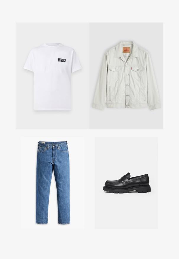 Helehall nuppudega teksajope kraega, esitelgedega taskud, küljetaskud ja Levi'si logo sild rinnataskul.; Valge puuvillane T-särk, millel on must Levi'si logo vasakul rinnal. Klassikaline ringkaelusega disain ja lühikesed varrukad.; Sinised denimpüksid sirge säärega lõikega, vasknuppudega ja viie tasku mudelega. Omab õmblusega äärt ja klassikalist vöökohta vöökohaga.; Must nahast loafer paksu soonilise tallaga ja mündirihma detailiga, näidatud parempoolse profiilina valgel taustal.