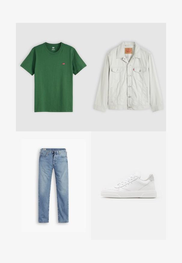 Lysegrå knap-op denimjakke med krave, forlommer med klap, sidelommer og Levi's logo-tag på brystlommen.; Grøn bomulds t-shirt med rund hals, korte ærmer og et lille rødt Levi's-logo på venstre bryst. Blød tekstur, standard pasform.; Lyseblå denim jeans med lige pasform. Har en knaplukning, fem lommer og en let falmet tekstur.; Hvide lædersneakers med en glat finish, rund tå, flade snørebånd og en struktureret sål. Grå ruskindsdetalje ved hælen.