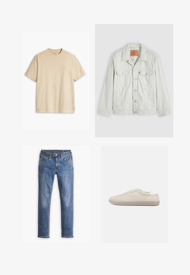 Hellgraue Knopf-Denimjacke mit Kragen, vorderen Klappentaschen, Seitentaschen und Levi's-Logoschild an der Brusttasche.; Beige Baumwoll-T-Shirt mit Rundhalsausschnitt und kurzen Ärmeln. Verfügt über ein dezentes "Levi's"-Logo in der gleichen Farbe auf der Brust. Weiche Textur.; Blaue Slim-Fit-Denimjeans mit fünf Taschen und Knopfschluss, mit leichter Ausbleichung an Oberschenkeln und Knien, auf weißem Hintergrund präsentiert.; Beiger Wildleder-Sneaker mit strukturiertem Obermaterial, glattem weißen Fersenbereich, dünnen Schnürsenkeln und Gummisohle. Verfügt über ein flaches Design.