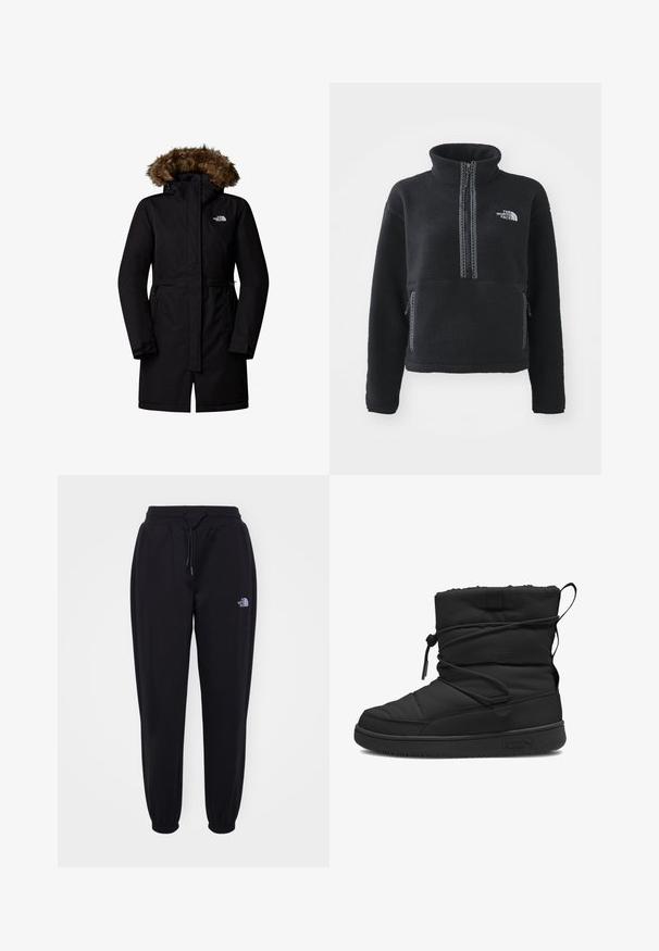 The North Face W ZANECK PARKA - Parkaer - tnf black; Sort fleecepullover med høj krave, kvartlynlås, frontlomme og kontrastsyninger. Har The North Face-logo på brystet.; Sorte joggingbukser med elastisk talje og manchetter, snoretræk, sidelommer og lille hvid The North Face-logo på højre lår.; Sort isoleret støvle med en kviltet struktur, elastisk snøre lukning, polstret kant og en gummisål med et minimalistisk logo.