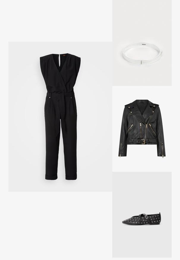 Sort læder bikerjakke med en tætsiddende design, guldlås hardware, flere frontlynlåslommer og en bæltestrop i taljen. Har skulderepauletter.; Sort ærmeløs jumpsuit med en indviklet design, bælte i taljen, lige ben og V-udskæring. Har en nøglehul-rygåbning og sidelommer.; Sort spids flad sko med sølvnitter og justerbar krydsrem med spænde, minimal hæl, på plain lys baggrund.; Hvidmetal armring med en glat overflade, indgraveret logo og tre små klarsten som accentuerende elementer. Lukket design.