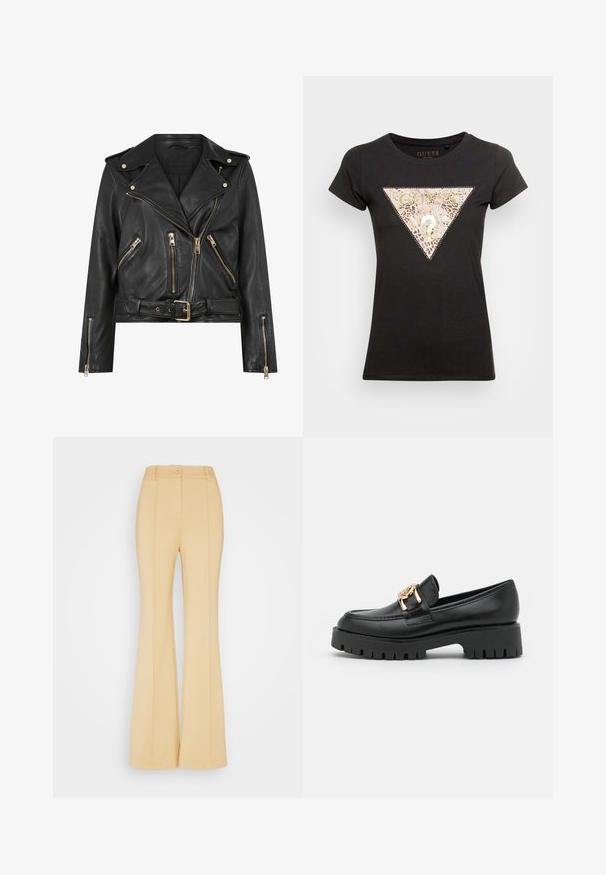 Sort læder bikerjakke med en tætsiddende design, guldlås hardware, flere frontlynlåslommer og en bæltestrop i taljen. Har skulderepauletter.; Sort t-shirt med korte ærmer, med et metallic leopardprint trekant design og "GUESS" logo, rund halsudskæring og fitted silhuet.; Guess Originals CLAIRE PINTUCK FLARED PANTS - Bukser - honey oat; Sorte læder loafers med en kraftig sål og guldhardware; har rund tå og syede detaljer langs overdelen.