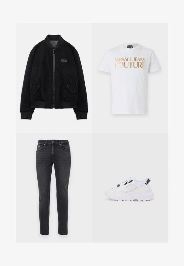 Zwarte bomberjack van gestructureerde fleece, met ritssluiting, geribbelde kraag en manchetten, en een logopatch op de linkerborst.; Witte katoenen t-shirt met grote gouden "VERSACE JEANS COUTURE" letters op de voorkant. Ronde hals en korte mouwen.; Slim-fit zwarte denim jeans met vijf zakken en een knoop- en ritssluiting, tentoongesteld tegen een effen witte achtergrond.; Witte sportieve sneakers met een dikke zool, bovenwerk van mesh en synthetisch materiaal, zwarte accenten en veters. Gestructureerd ontwerp en logo op de hiel.