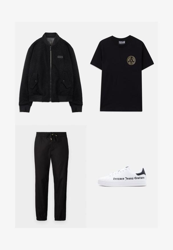 Schwarze Bomberjacke aus strukturiertem Fleece, mit Reißverschluss, geripptem Kragen und Bündchen sowie einem Logo-Patch auf der linken Brust.; Schwarzes Baumwoll-T-Shirt mit Rundhalsausschnitt und kurzen Ärmeln. Besitzt ein goldfarbenes, rundes Logo auf der linken Brust. Einfaches, unauffälliges Design.; Schwarze Hose mit einem elastischen Bund und Kordelzug. Hat schmal zulaufende Beine mit elastischen Bündchen. Glattes, leichtes Material.; Weißer Sneaker mit niedrigem Schnitt, schwarzem Fersenlasche, Schnürdesign und dem Schriftzug "Versace Jeans Couture" in Schwarz auf der Seite gedruckt.