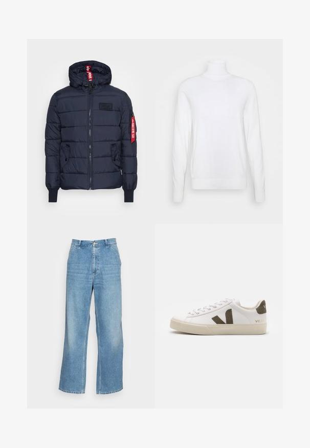Marineblå pufferjakke med quiltet design, lynlåsfortrop, justerbar hætte, sidelommer, ribbede manchetter og en fremtrædende rød labelaccents på ærmet.; Hvid turtleneck sweater med lange ærmer, lavet af glat stof. Har et tætsiddende design og ribbede manchetter og kant. Ingen mønstre eller accenter.; Lyseblå bred ben jeans lavet af denim. Har en høj talje, knaplukning og standard fem-lomme design. Glat tekstur.; Hvide læder sneakers med en lys beige gummisål. Har en brun ruskinds V-logo og hælflap. Snørret lukning med en struktureret overflade.