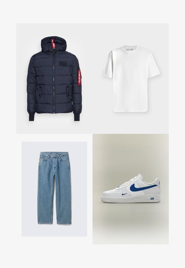 Marineblå pufferjakke med quiltet design, lynlåsfortrop, justerbar hætte, sidelommer, ribbede manchetter og en fremtrædende rød labelaccents på ærmet.; Klassisk hvid T-shirt med korte ærmer og rund hals lagt fladt på en lysegrå baggrund med et lille mærke inde i halsudskæringen.; Lyseblå jeans med lige ben, forlommer, bæltestropper og knaplukning på ensfarvet baggrund.; Hvid Nike Air Force 1 sneaker med blå swoosh-logoer og "AIR" tekst på sålen, vist fra siden på en neutral baggrund.
