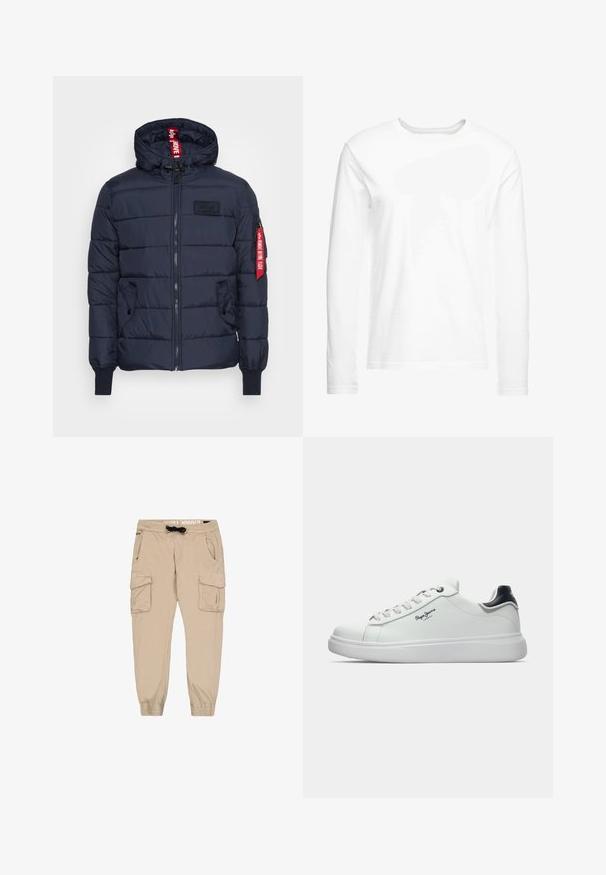 Chaqueta acolchada color marino con diseño acolchado, cierre frontal con cremallera, capucha ajustable, bolsillos laterales, puños acanalados y un destacado acento de etiqueta roja en la manga.; Camiseta blanca de manga larga hecha de algodón suave. Cuello redondo con dobladillos rectos y sin patrones ni gráficos visibles.; Pantalones cargo beige con pierna ajustada, cinturilla elástica, cordón y múltiples bolsillos. Hechos de una tela ligera con una textura suave.; Zapatilla baja blanca con acento negro en el talón, cordones blancos y logo "Pepe Jeans London" en el lateral, mostrada de perfil sobre un fondo blanco.