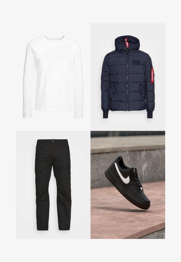 Veste matelassée marine avec un design en coussinets, fermeture éclair à l'avant, capuche ajustable, poches latérales, poignets côtelés et un accent de label rouge proéminent sur la manche.; T-shirt blanc à manches longues en coton doux. Encolure ronde avec des ourlets droits et sans motifs ni graphiques visibles.; Pantalons cargo noirs avec une coupe droite, plusieurs poches et une fermeture à bouton, fabriqués en tissu coton durable.; Basket Nike Air Force 1 noire avec logo swoosh blanc flottant au-dessus d'une surface en pierre et d'un mur texturé gris en arrière-plan.