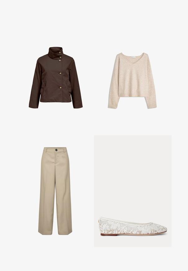 Brun cropped jakke med høj krave og fem knapper foran, med to skrå sidelommer og lange ærmer.; Beige blød strikket V-hals trøje med lange ærmer og ribbede manchetter og kant, vist på en hvid baggrund.; Beige højtaljede bukser med brede ben, en enkelt frontknap, bæltestropper og pressede folder. Glat tekstur og skræddersyet silhuet.; Hvid blonder ballet flats med blomsterprint og tynd brun sål på ensartet lys grå baggrund.