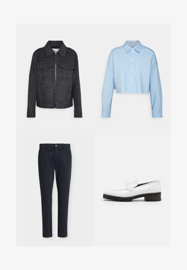 Veste à motif pied-de-poule noir et blanc, avec fermeture éclair à l'avant, col et deux poches poitrine, au fit structuré.; DRYKORN Chemisier - blue; Pantalon décontracté slim fit pour homme en bleu marine foncé avec fermeture à boutons et passants pour ceinture, présenté sur un fond gris clair uni.; Elleme CHOUCHOU SQUARE LOAFER - Chaussons - white