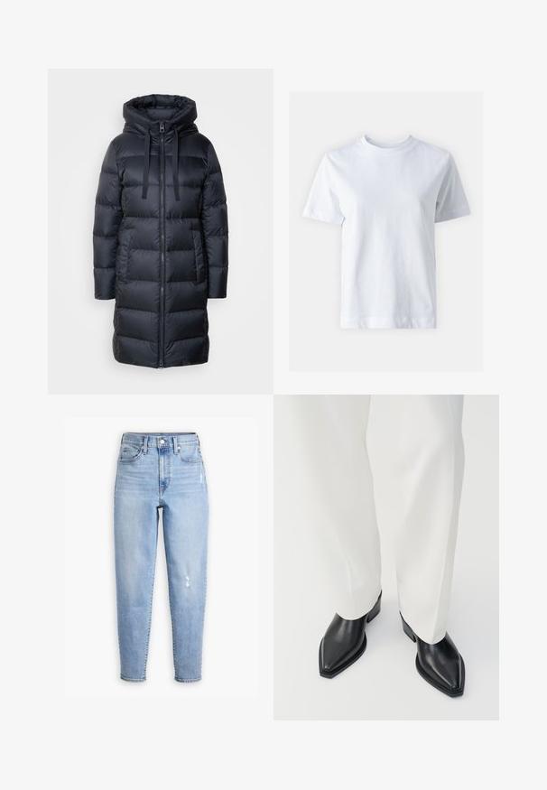 Marc O'Polo Dunfrakker - navy; Hvid bomulds t-shirt med rund halsudskæring, korte ærmer, lige snit og glat tekstur. Ingen mønstre eller dekorationer.; Lysblå højtaljede jeans lavet af denim, med lige ben, subtil falming og et lille slidområde på højre lår.; Sorte spidse ankelstøvler med en glat læderoverflade, lave blokhæle, og parret med hvide brede bukser. Enkel og moderne design.