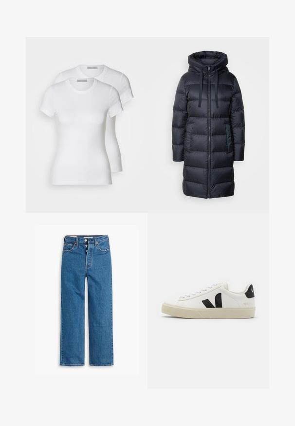 Marc O'Polo Daunenmantel - navy; Zwei weiße Baumwoll-T-Shirts mit kurzen Ärmeln, Rundhalsausschnitten und einer engen Passform, die eine glatte Textur und ein minimalistisches Design aufweisen.; Blaue Denim-Jeans mit geradem Bein, hoher Taille, fünf Taschen und Knopfverschluss. Auffällige Nähte und Nieten in Kupferfarbe.; Weißes Leder-Sneaker mit schwarzem Gummi-V-Logo. Strukturierte cremefarbene Sohle, weiße Schnürsenkel und Fersendetail in Schwarz mit dem Markennamen.